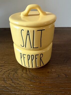 Rae Dunn Yellow Salt and Pepper Ceramic Stacking Cellar Set.